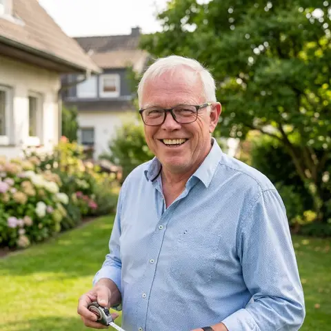 Achim Silz, Gründer von Blitzefranz, lächelt im Garten